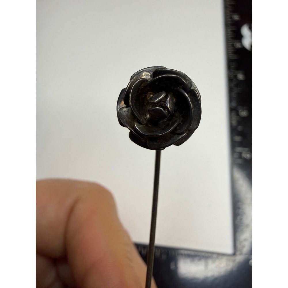 Vintage Rose Flower Stick Pin Dark Oxidized Silver Tone Floral Lapel Hat Pin